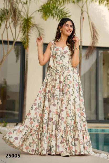 Off white Floral Soft Rayon Fabric Comfy Casual Gown Fully Stitched
