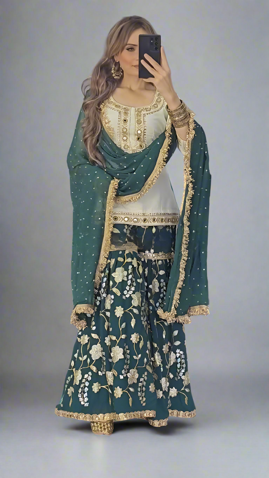 Green & White Punjabi Sharara set with Paper mirror work fully stitched