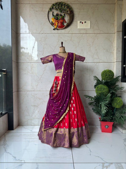 Red and Wine Kanjivaram style Silk lehenga fully stitched