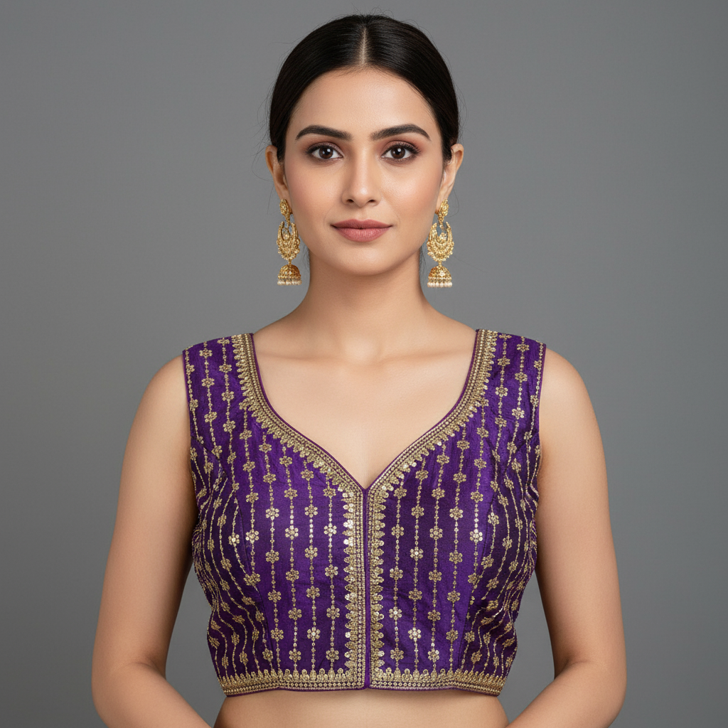 Purple embroidered blouse with gold details on a textured surface