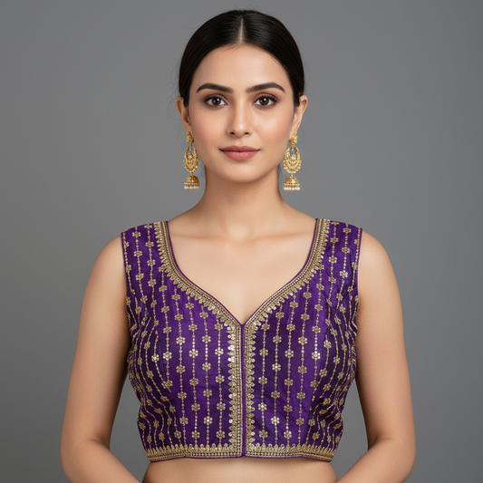 Purple embroidered blouse with gold details on a textured surface