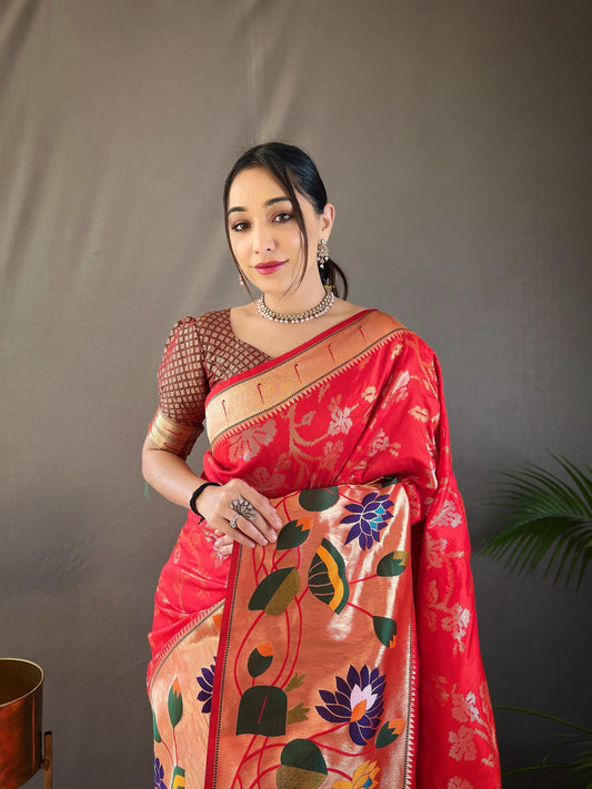 Suhani - Pure Paithai Silk Floral Weaved Saree with Stitched Blouse Options