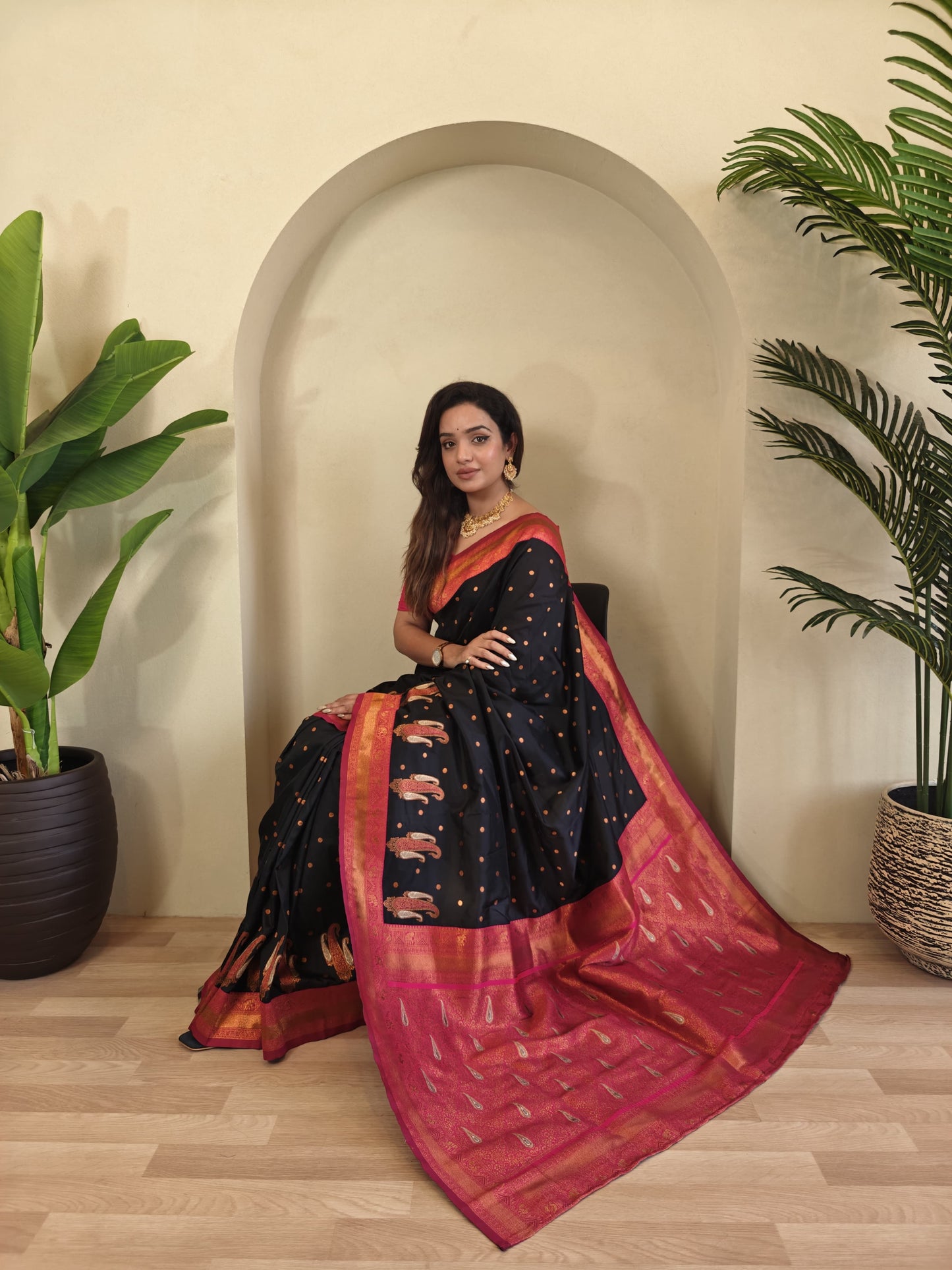 Black Pure Paithani Silk Saree with rich weaving with Stitched Blouse