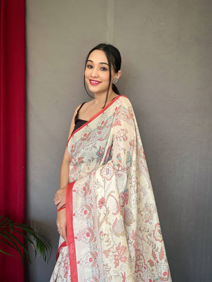 Premium White Cotton Sarees with Katha Prints with Fully Stitched Blouse