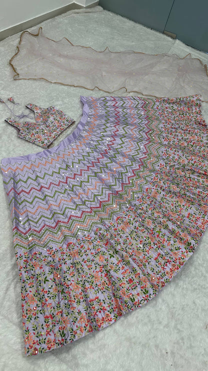 Pastel Purple Premium Satin Silk Lehenga with Sequins and Embroidery Work Fully Stitched