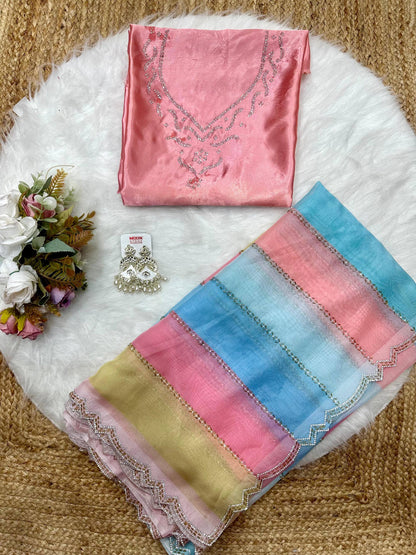 Multicoloured Rainbow Soft Silk Saree with Beautiful Crystal Work with Stitched Blouse Option