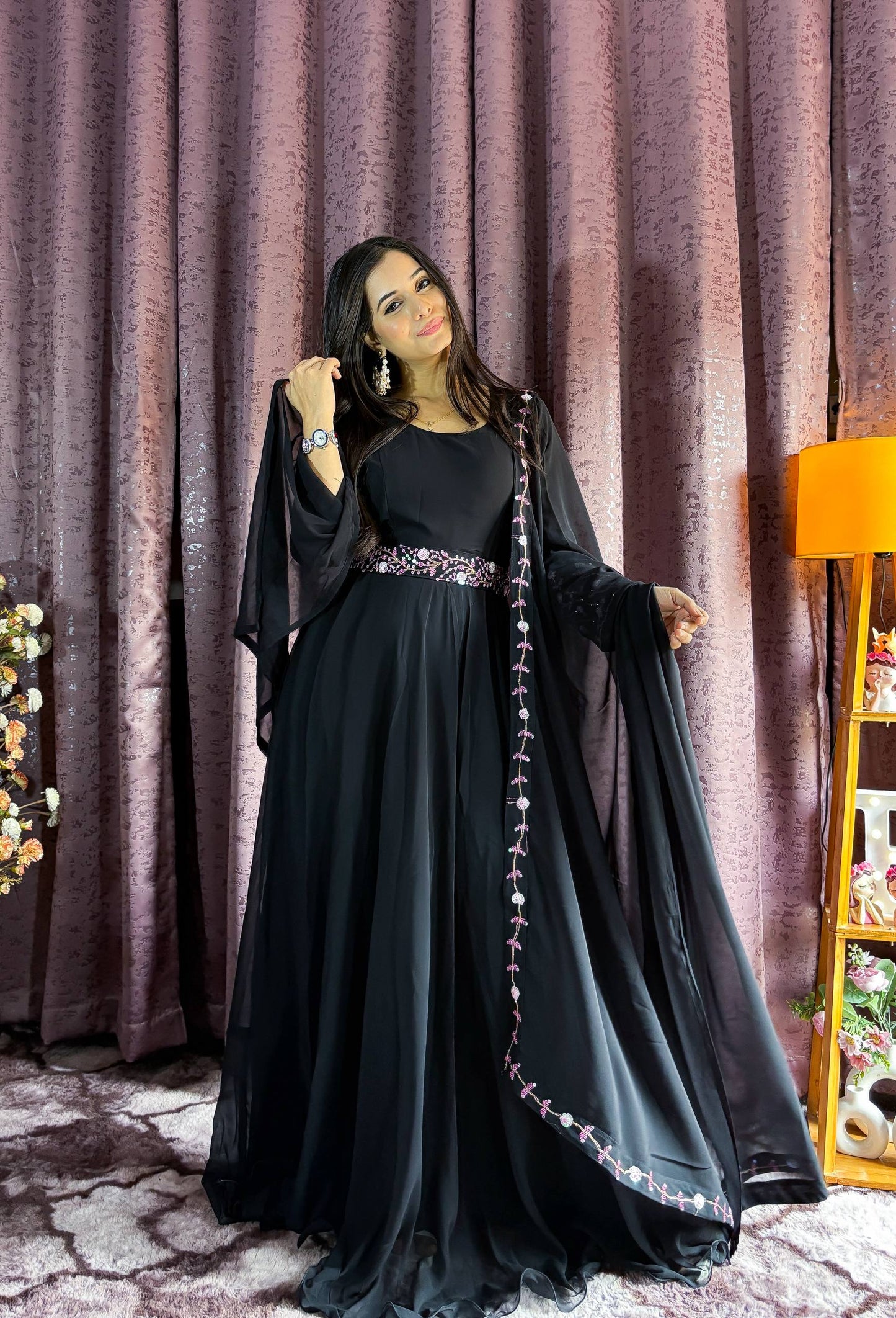 Premium Black Soft Georgette Lightweight Gown Fully Stitched