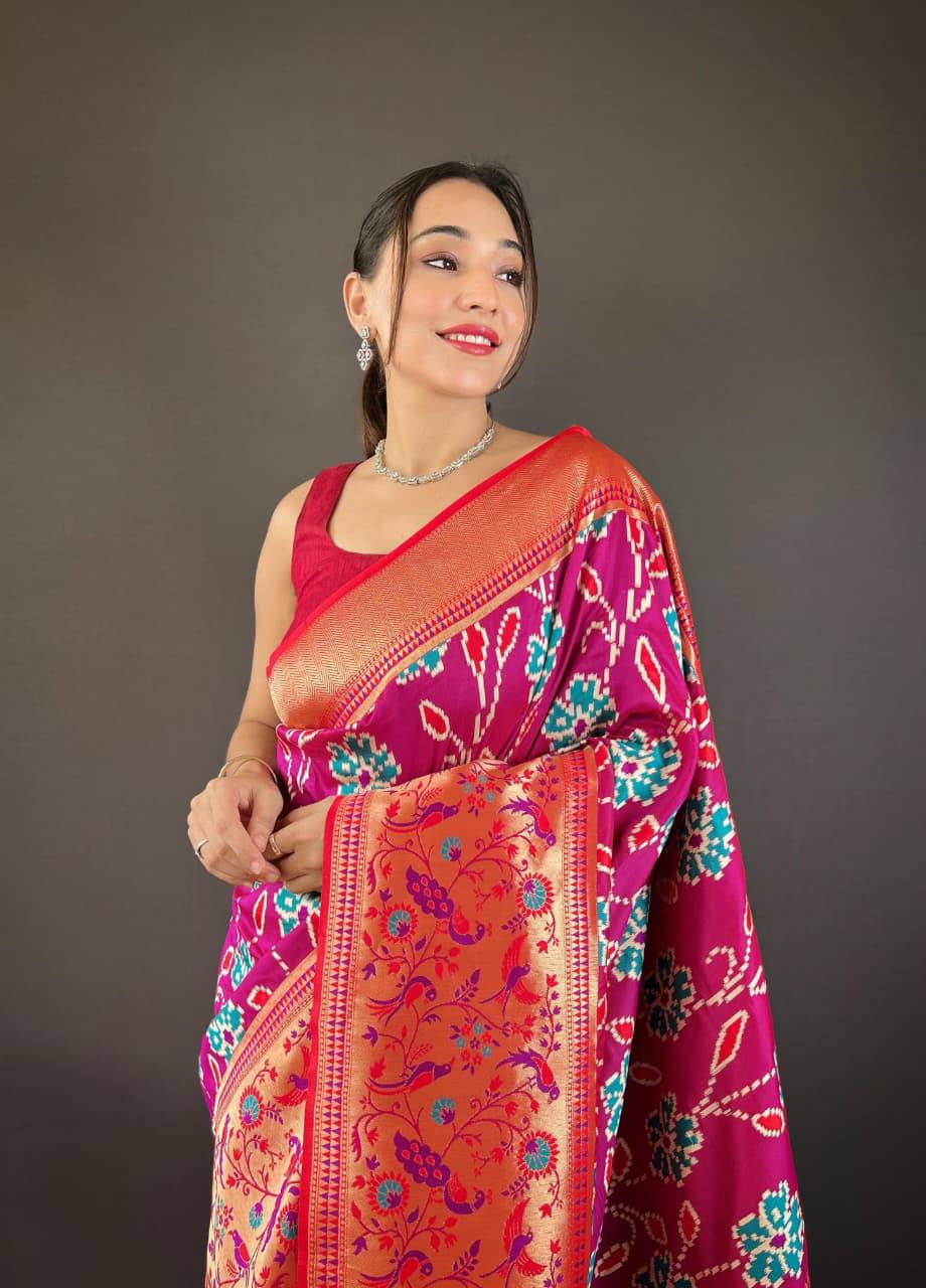 Premium Soft Silk With Rich Patola Weaving and Contast Pallu with Stitched Blouse