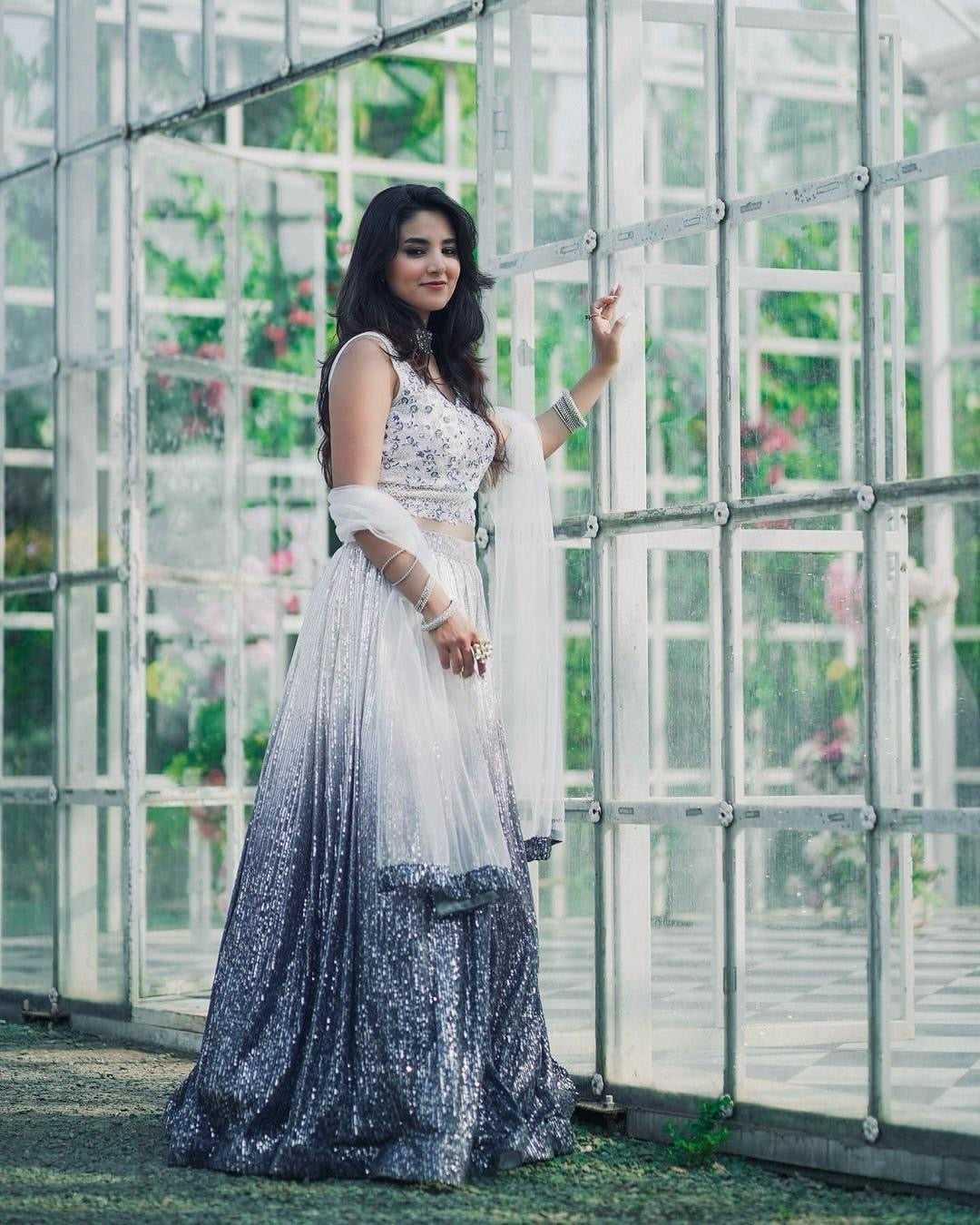 Premium White and Grey Dual Tone Sequins Lehenga Fully Stitched