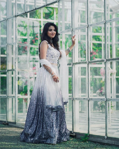 Premium White and Grey Dual Tone Sequins Lehenga Fully Stitched