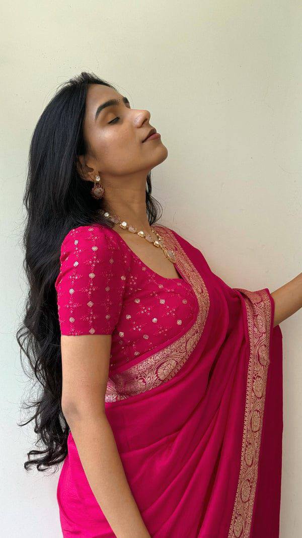 Vrinda - Soft Chinnon Silk Saree with Gold Zari Border & Stitched Blouse Options