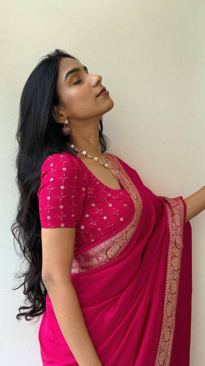Vrinda - Soft Chinnon Silk Saree with Gold Zari Border & Stitched Blouse Options