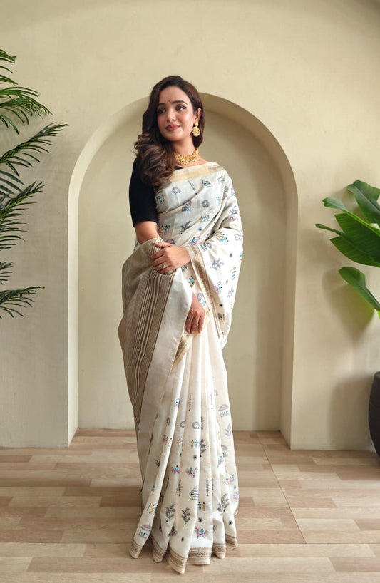 Saheli - Pure Loom Tussar Silk with Beautiful Embroidery Doodle Art and Stitched Blouse Options