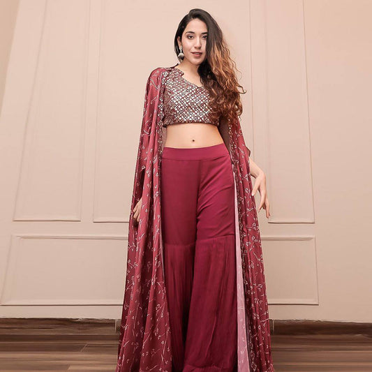 Satin silk Maroon fully stitched sharara set