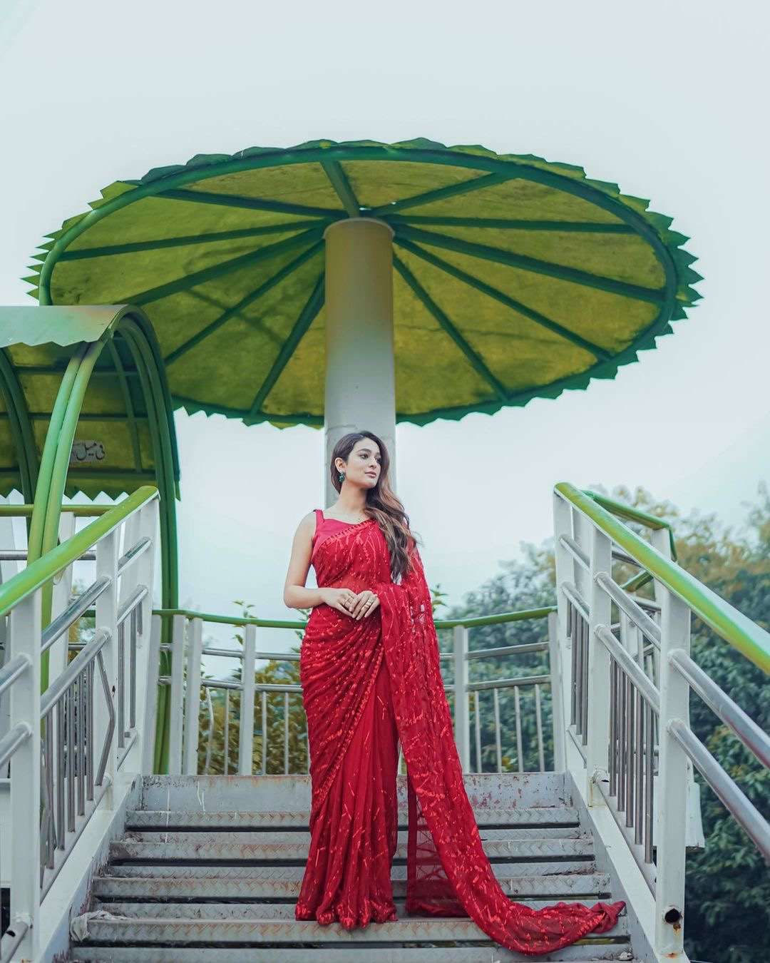 Cherry Red georgette saree of sequins work with fully stitched blouse