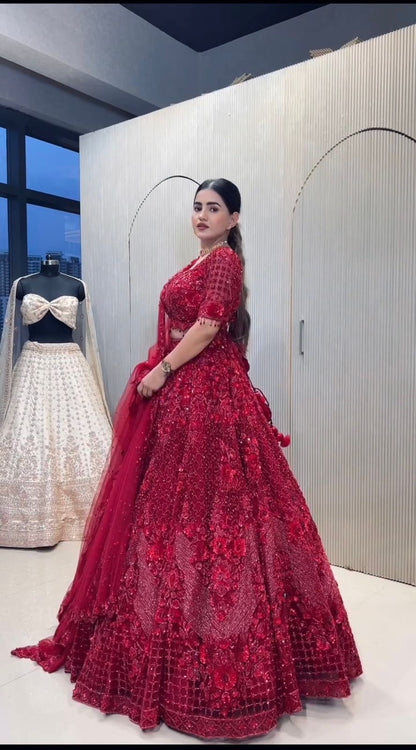 Rose Red Premium Floral Embellished With Pearl Work Lehenga