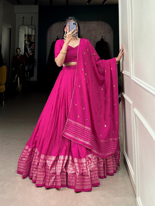 Minimalist Pink Lehenga Chanderi Silk Fabric Fully Stitched