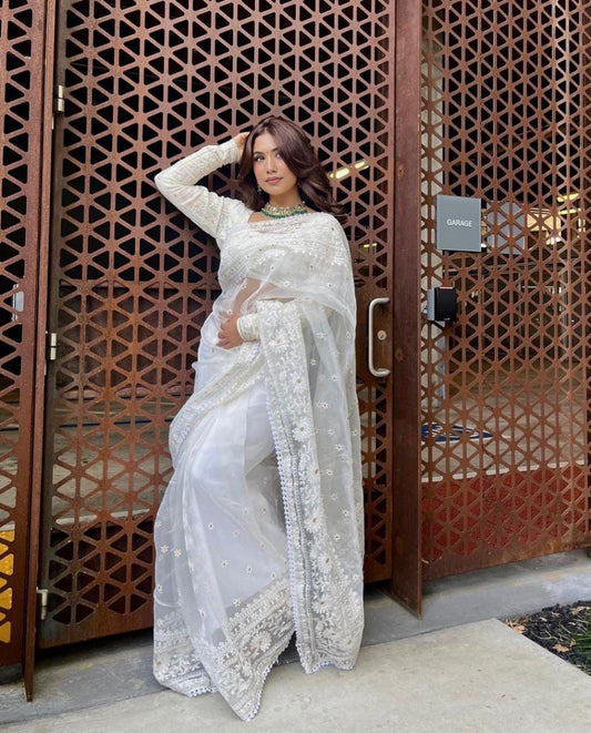 Soft white organza with embroidery work with fully stitched blouse