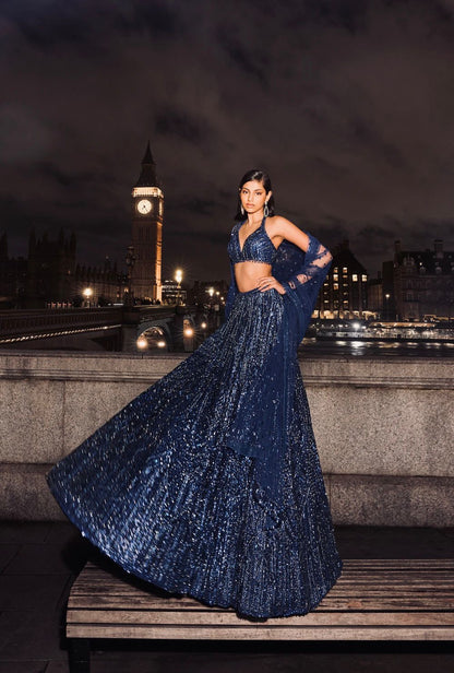 Anoushka - Premium Navy Blue Net Lehenga with Heavy Sequins Work Fully Stitched