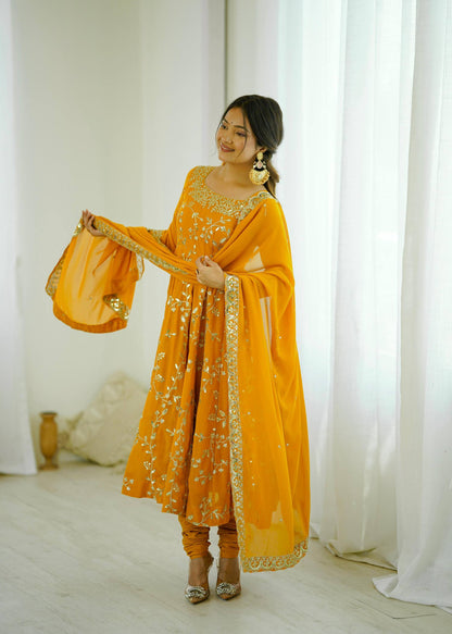 Preeva - Mustard Soft Georgette with Full Embroidery Gown Fully Stitched