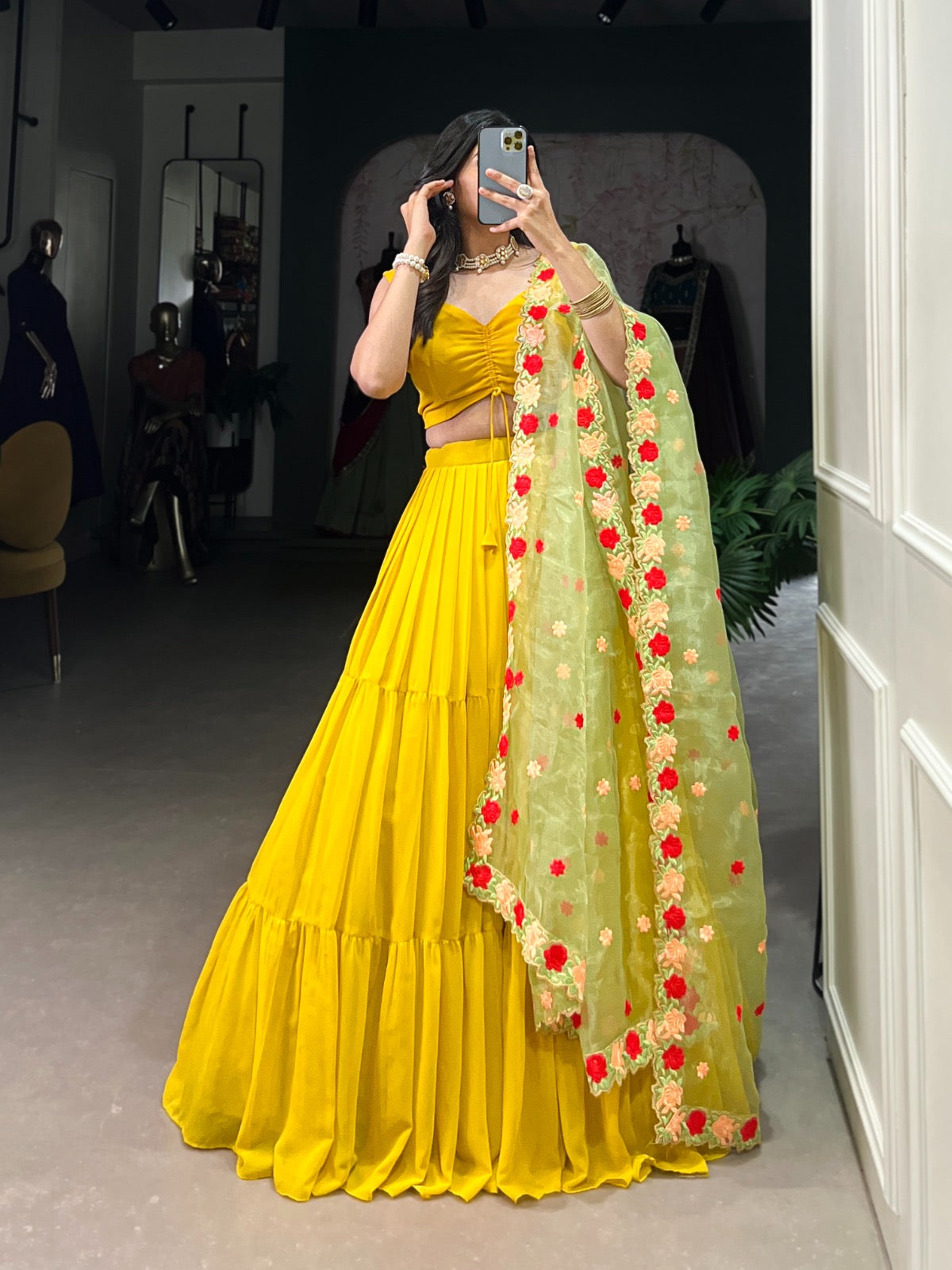 Haldi Special Mustard Yellow Soft Georgette Lehenga with Floral Dupatta