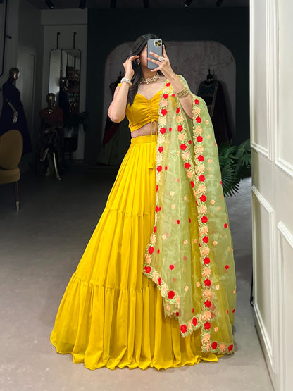 Haldi Special Mustard Yellow Soft Georgette Lehenga with Floral Dupatta