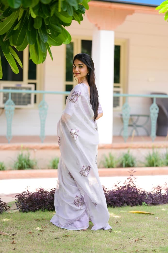 Beautiful Pastel Purple Jute Organza Work Saree with Stitched Blouse Options