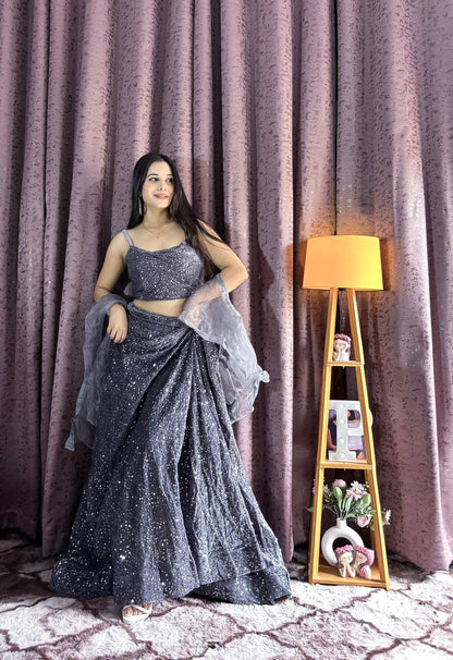 Grey Shimmering Fully Sequins work Lehenga Fully Stitched