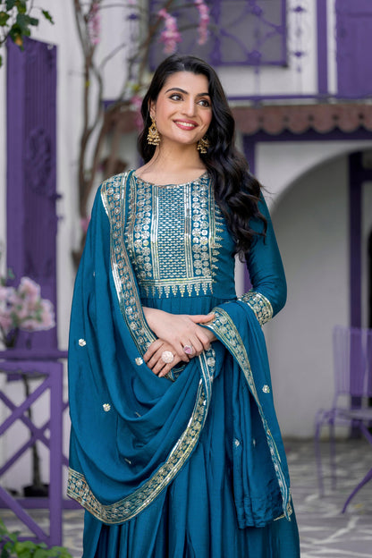 Harshita - Premium Silk Turquoise Gown with Sequins Work Fully Stitched
