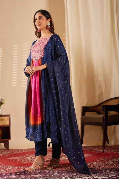 Premium Navy Blue Chinon Silk Kurti Set with Beautiful Embroidery