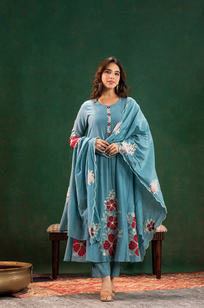 Sea Blue Chanderi Silk Flairer Kurti Set Fully Stitched
