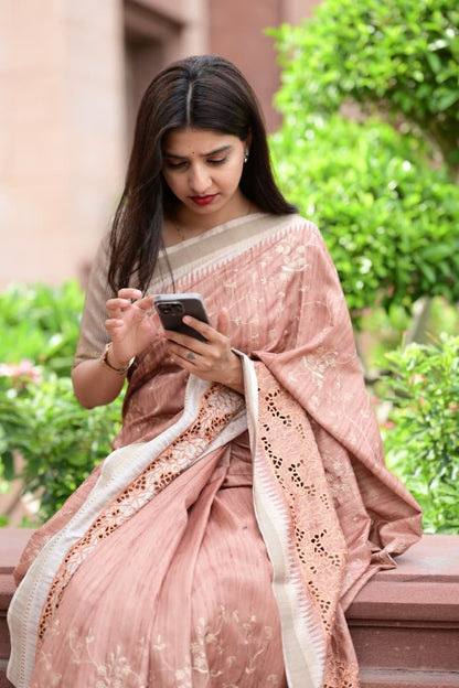 Evika - Premium Tussar Cotton Saree with Cut Work & Stitched Blouse