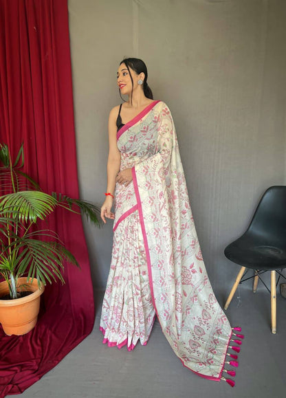 Premium White Cotton Sarees with Katha Prints with Fully Stitched Blouse