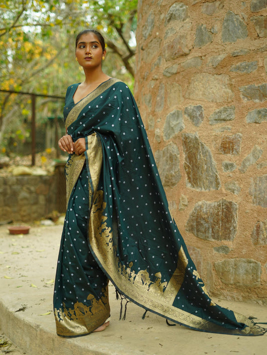Apsara - Soft Silk with Hand Bandhej Pattern Gold Border Paithani Saree with Stitched Blouse Options