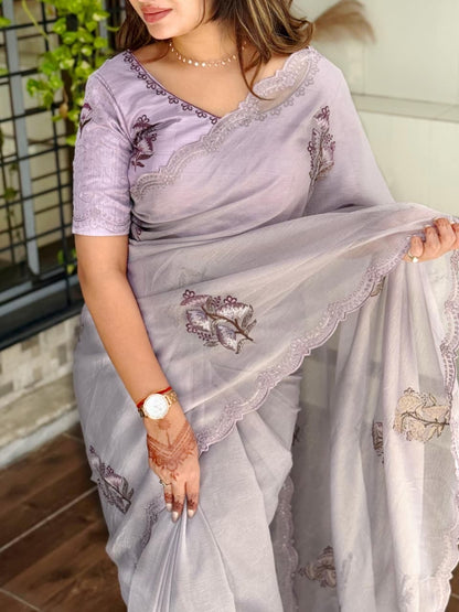 Beautiful Pastel Purple Jute Organza Work Saree with Stitched Blouse Options