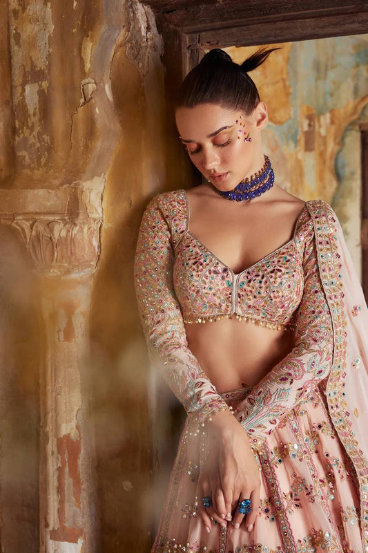Peach Soft Georgette Embroidered Premium Lehenga