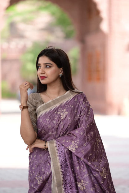 Evika - Premium Tussar Cotton Saree with Cut Work & Stitched Blouse