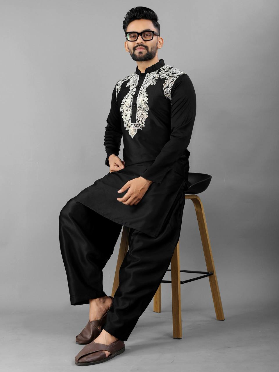 Jet Black Premium Men's Pathani Kurta with Pajama