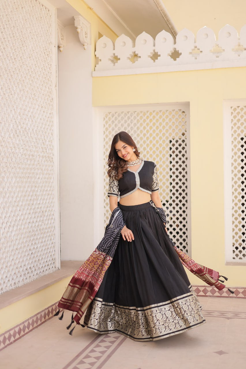 Fully stitched Black Premium Viscose Lehenga with Gaji silk Dupatta