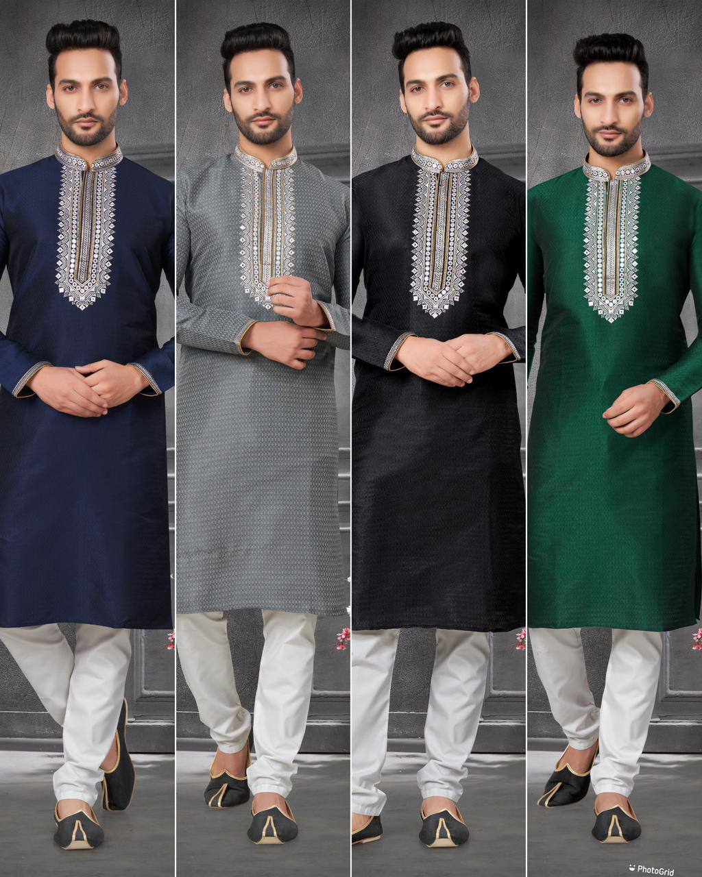 Grey Men's premium cotton jacquard kurta with embroidery at neck with pajama