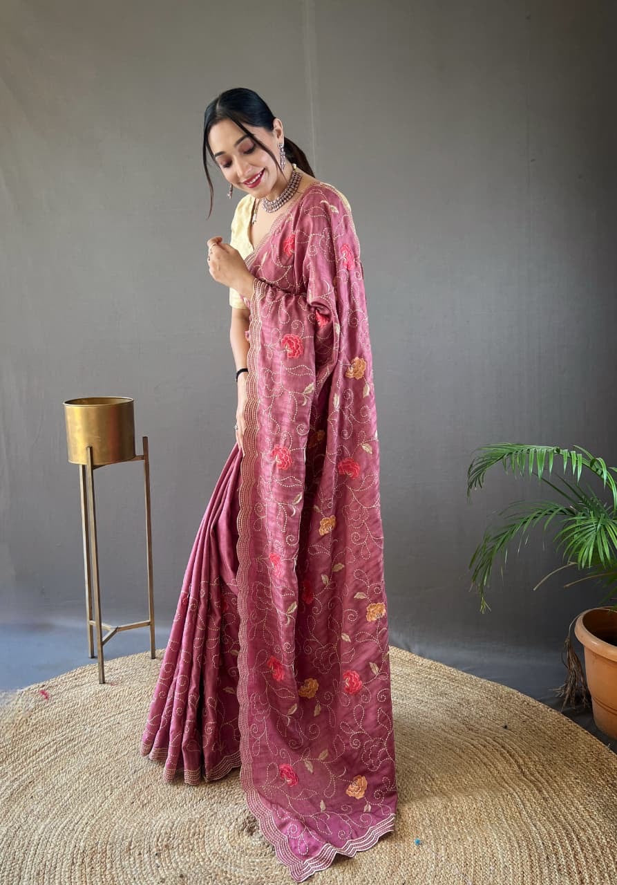 Kamya - Pure Tussar Silk with Jaal Embroidery Weaving with Stitched Blouse Options