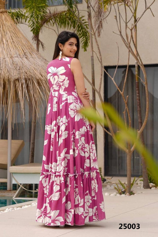 Magenta Pink Floral Soft Rayon Fabric Comfy Casual Gown Fully Stitcheda