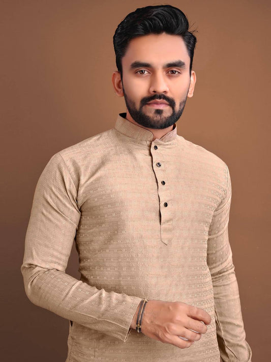 Pastel Brown Men's kurta Weaving style jaquard fabric with pure Cotton Pajama