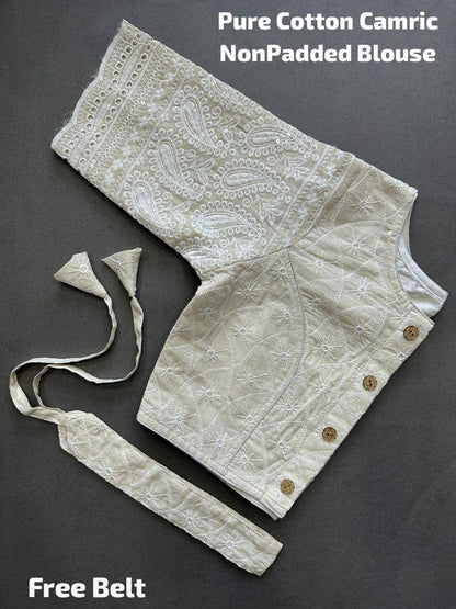 Off white pure cotton camric hakoba readymade blouse