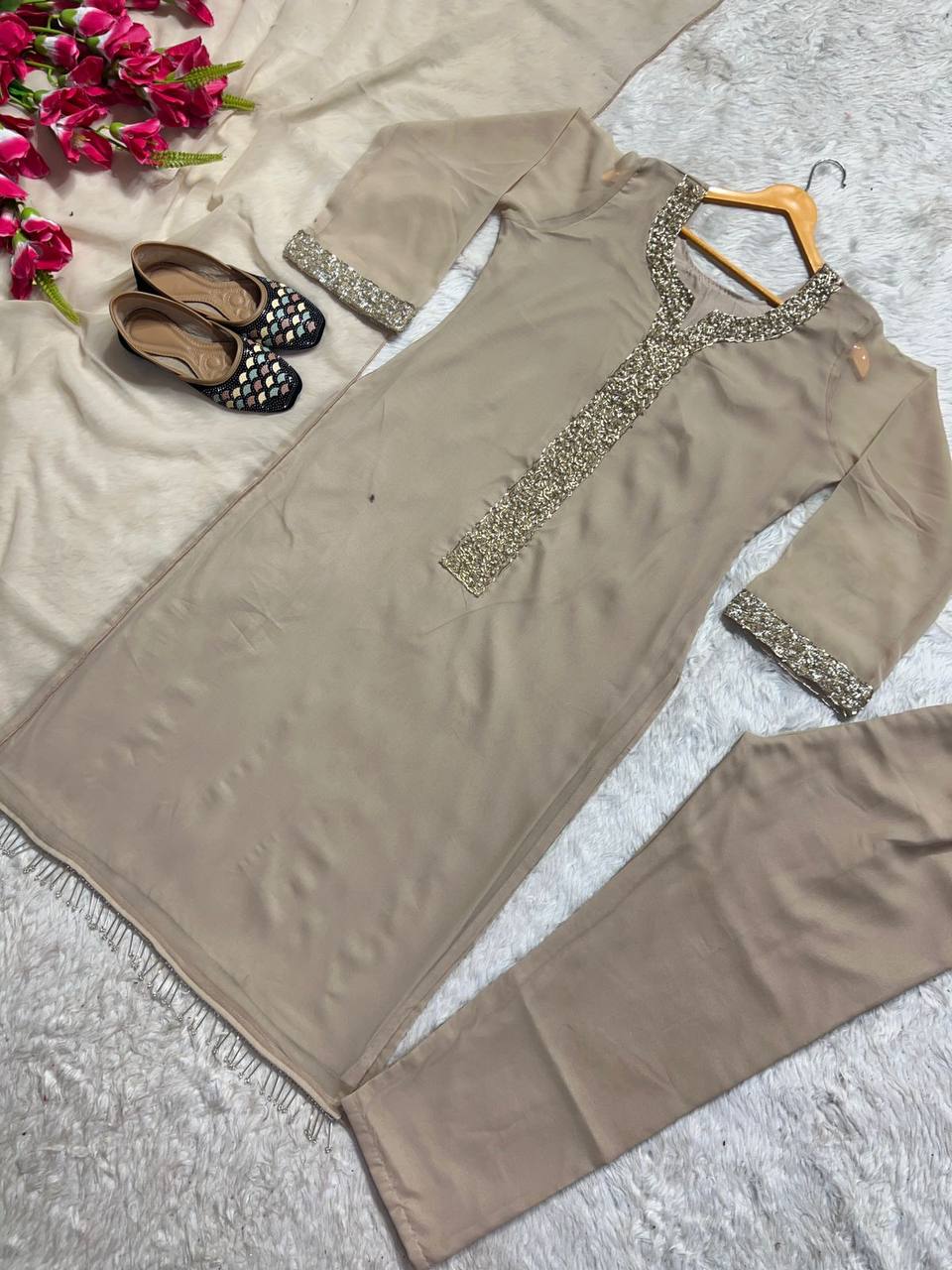 Pastel Brown Premium Georgette Readymade Suit