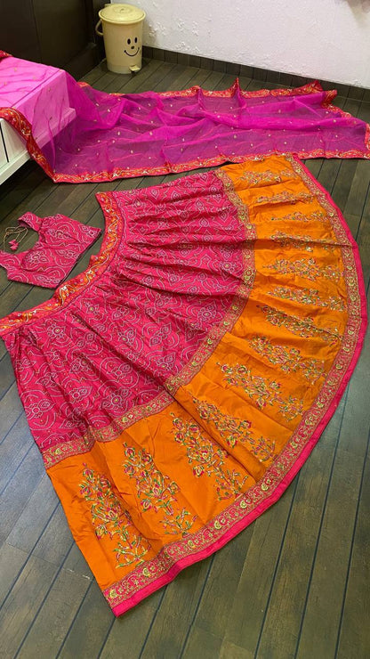 Pink and Orange Bandhani Style Soft Silk Lehenga with Minimal Work Fully Stitched