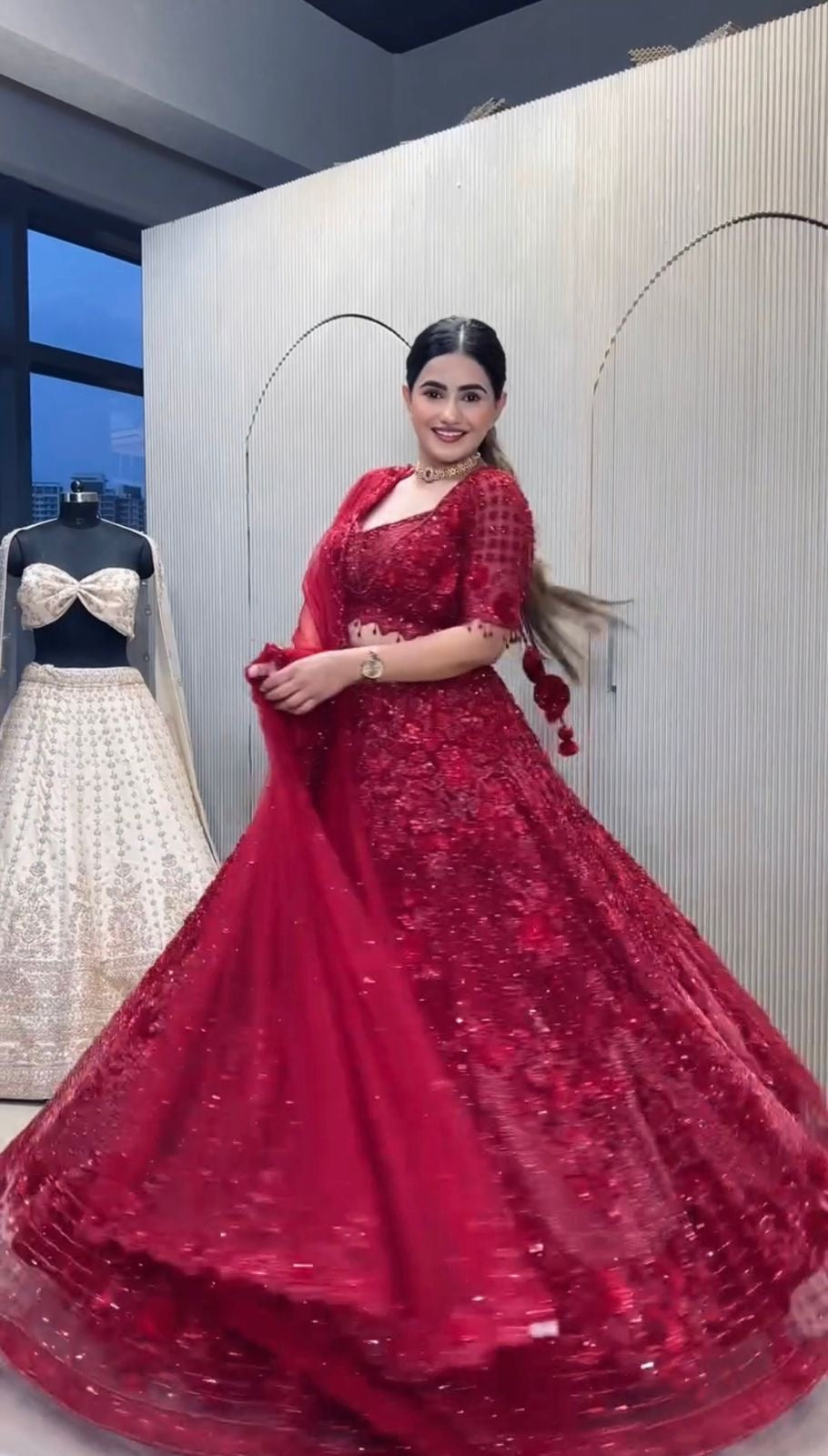 Rose Red Premium Floral Embellished With Pearl Work Lehenga