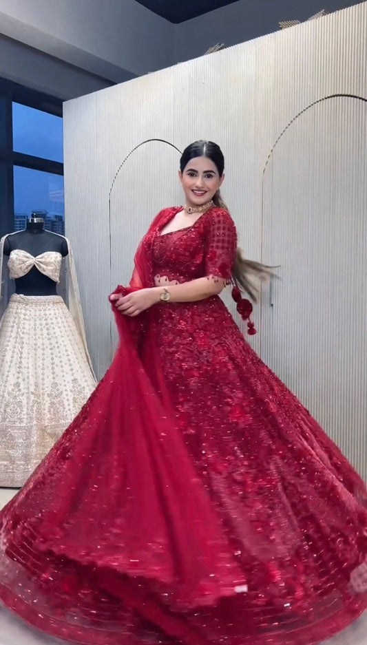 Rose Red Premium Floral Embellished With Pearl Work Lehenga