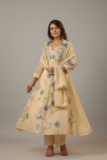 Nikita - Premium beige Chanderi Silk Anarkali Suit Fully Stitched