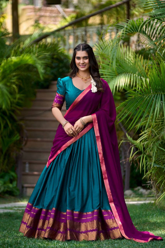 Bottle Blue Cotton Premium Fully Stitched Lehenga